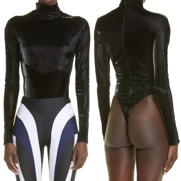 Mugler Tops - NWT Mugler Logo Paris Black Stretch Bodysuit